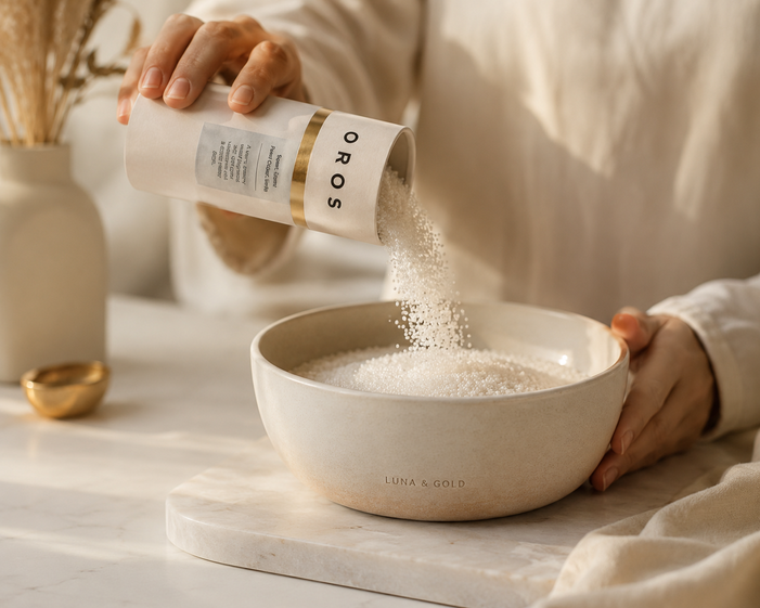 Pouring loose wax pearls into a ceramic bowl