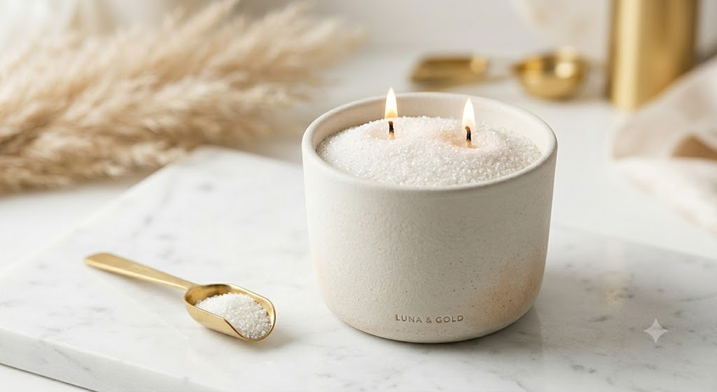 Two-wick pearled candle in a ceramic vessel