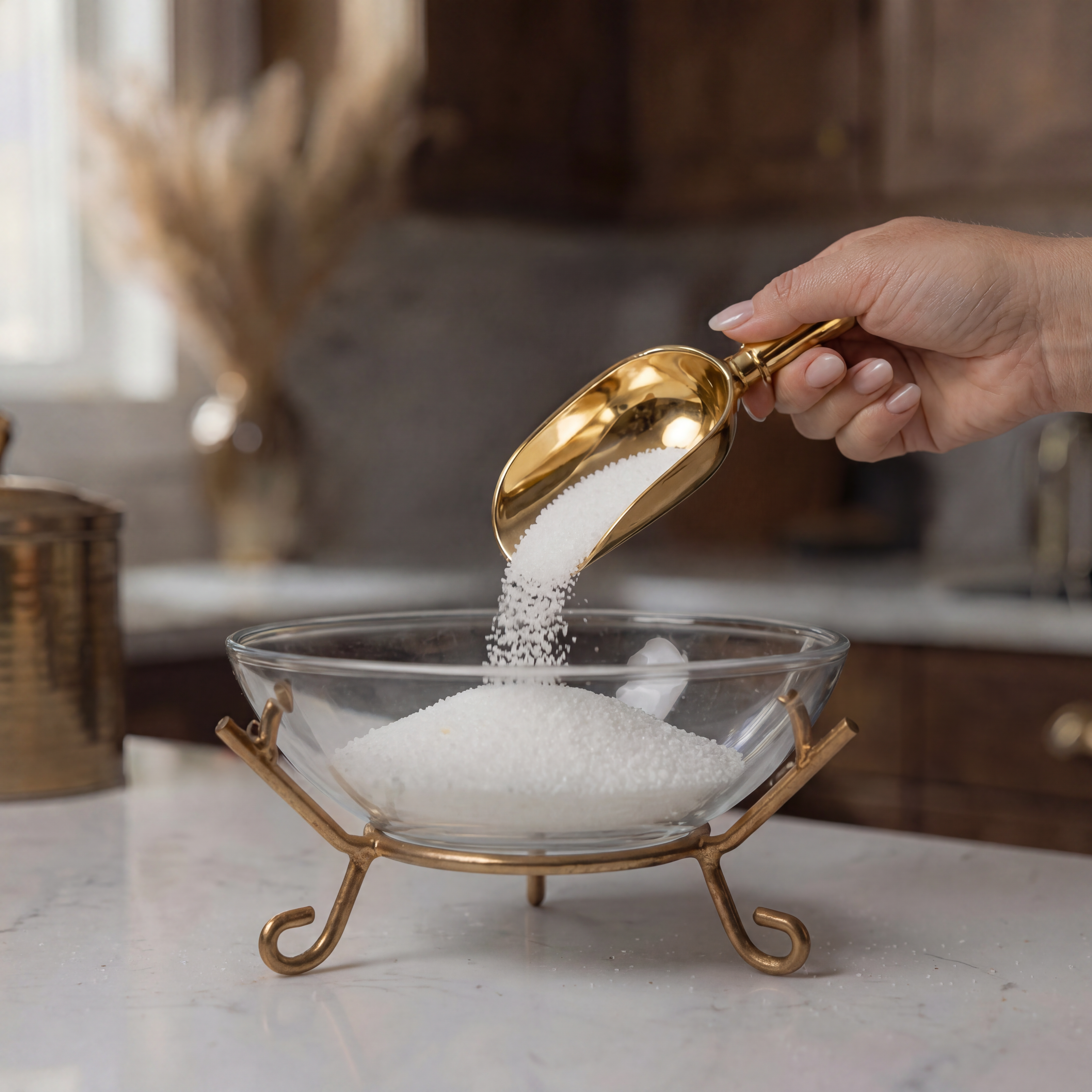Pouring wax pearls into a glass bowl